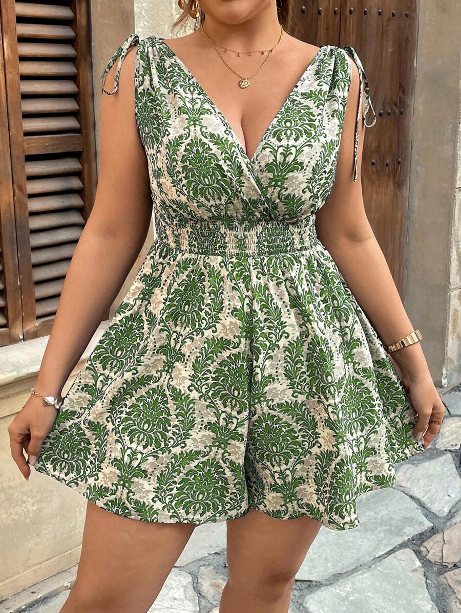 Breezaya Plus Size Vintage Style Cross V-Neck Sleeveless Drawstring Ruffle Romper, Spring/Summer - Green - View 1