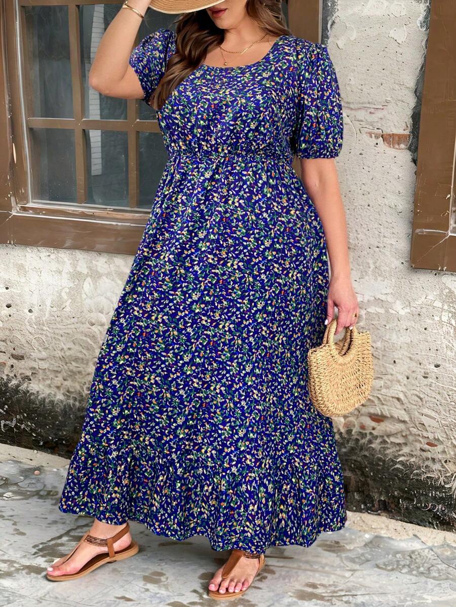 SHEIN Clasi 大码女式度假全印花短款泡泡袖休闲连衣裙 - 藍色 - 查看 1