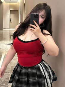 Dazy Plus Plus Size Contrast Color Edging Red Spaghetti Strap Tank Top - Red - View 7