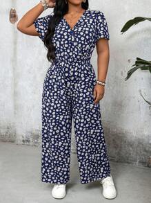 SHEIN LUNE Plus Size V-Neck Short Sleeve Jumpsuit, Minimalist & Fashionable, Suitable For Summer - Navy Blue - View 6