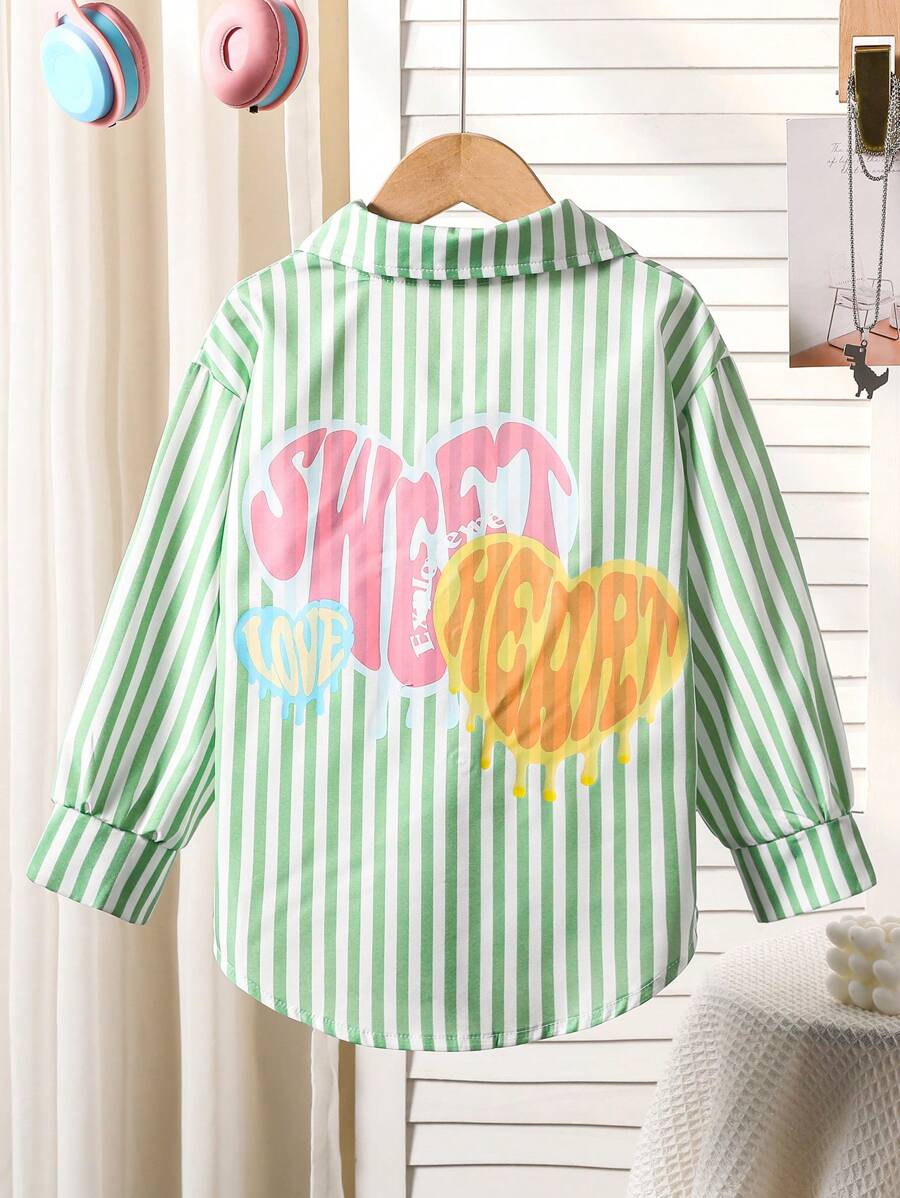 SHEIN Explorewe 1pc Girls Casual Reversible Heart Graphic Printed Shirt, Suitable For Urban Outdoor, Sports, Casual, School, Party Etc. Shirts For Kids Cute Shirts For Kids - Green - View 1