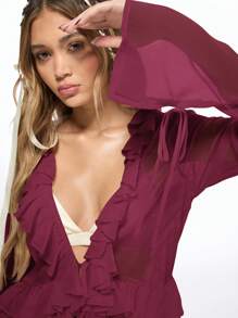 MISSGUIDED Boho Ruffle Longline Chiffon Blouse Festival Top High Low Hem Button Front Semi Sheer Summer Fall Tie Front Top Christmas - Burgundy - View 5