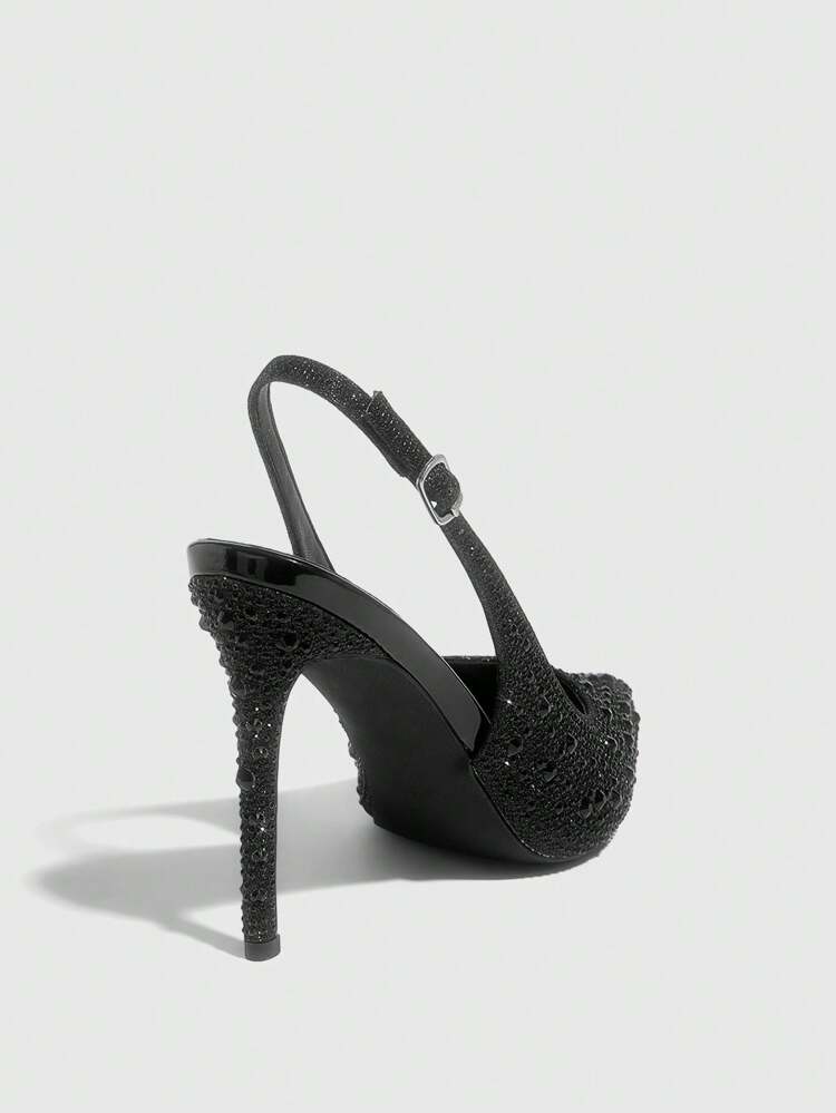 CUCCOO SZL Fashion Rhinestone Pointed Toe Slim High Heels With Ankle Strap, Black, Suitable For Date, Party, Festival, Holiday, Wedding For Christmas Spring Shoes