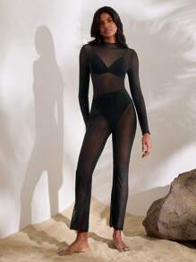 Opulessa Set da donna composto da 2 pezzi: body a maniche lunghe monocromatico e pantaloni a vita alta a zampa d'elefante, outfit da rave, outfit primaverili per festival, abito di Pasqua per donna - nero - Visualizzare 5