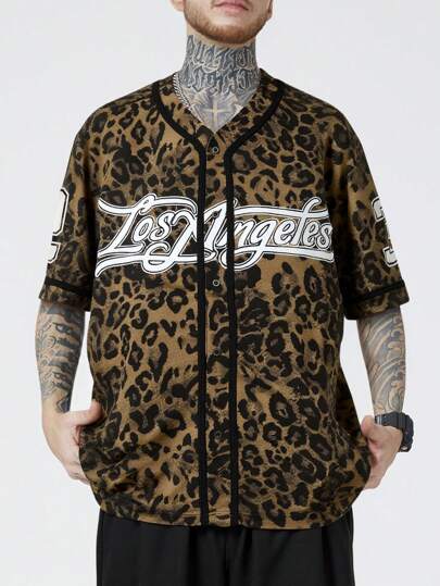 Prep Men's Letter & Leopard Print Single-Breasted Casual Short Sleeve Shirt