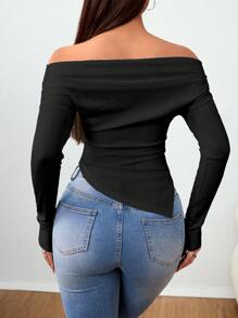 VaVaBold 露肩T恤，肩部褶皱，下摆不对称 - 黑色 - 查看 2