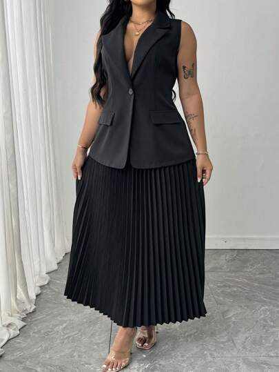 SHEIN Unity Plus Size Women Solid Color Lapel Neck Sleeveless Blazer And Pleated Skirt Suit