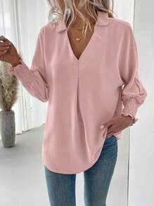 SHEIN LUNE Women's Solid Color Lapel Long Sleeve Patchwork Blouse - Dusty Pink - View 3