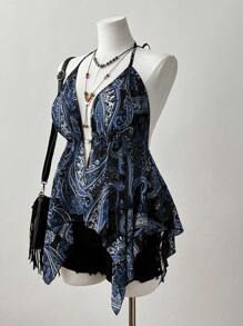 SHEIN SunnyBelle Top canottiera per donna con scollo alla halter, in tessuto trasparente, motivo a patchwork con perline, stile boho, hippie, cowgirl, old money, di taglia curvy