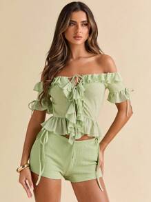 SHEIN BAE Pantalones cortos de mujer elegantes y elásticos de textura verde claro para verano, vacaciones a la playa, conciertos, presentaciones, festivales de música. Atuendo de mujer para conciertos, conciertos de country, clubes, y atuendos sexy
