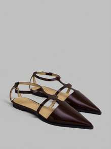 Ontre Fashionable Commuting T-Strap Pointed Toe Mary Jane Flat Shoes - Coffee Brown - View 1