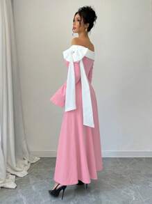 Rafferiza Abito lungo elegante da donna con decorazione a fiocco, maniche lunghe, bianco e nero