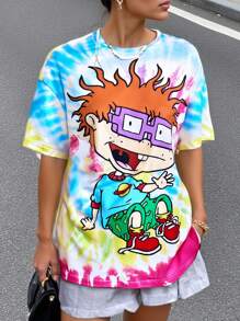 Nick 90s | SHEIN Women's Tie-Dye Cartoon Graphic Short Sleeve Casual T-Shirt, Summer - Multicolor - View 1