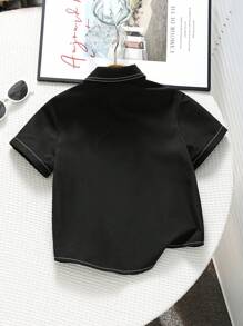 SHEIN 儿童男童休闲运动撞色缝线口袋翻领前开短袖黑色编织衬衫，适合通勤、上学、日常休闲、旅行、运动、春夏秋冬 - 黑色 - 查看 7