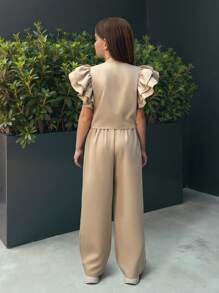 SHEIN Leap Crew Nova Glow 2 件套青少年女孩休闲通勤夸张袖 V 领背心和直筒裤套装 - 卡其色 - 查看 2