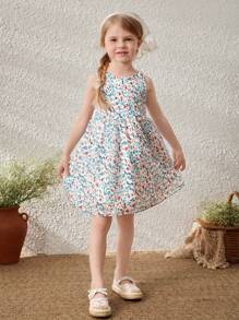 Blossori Young Girls French Elegant Ditsy Floral Printed Sleeveless Shift Dress, For Spring/Summer - Multicolor - View 6