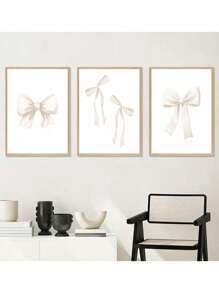 SHEIN 3pcs Set Unframed Beige Bows Preppy Art Poster Canvas Print Girl Room Decoration Painting Minimalist Cute Wall Painting Picture For Dorm,Living Room,Teen Room,Bedroom,Home Decoration
