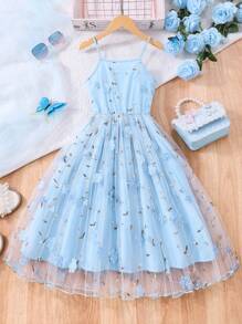 SHEIN Gaun Tali Jala Bordir Bunga Lucu dan Modis untuk Anak Perempuan Remaja - Blue and White - View 2