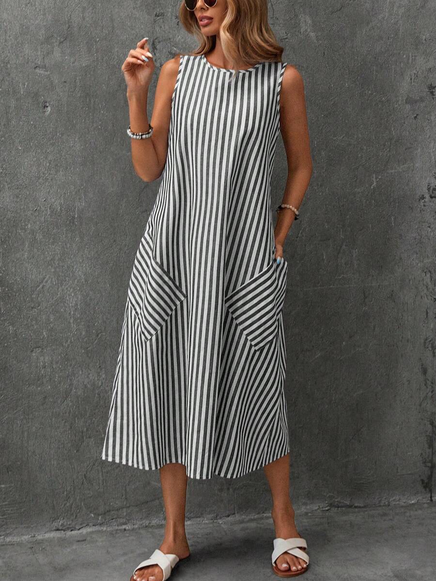 EMERY ROSE Women's Summer Round Neck Cotton Woven Striped A-Line Dress With Pockets - Black and White - View 1