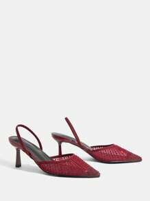 CUCCOO TILAWA Fashionable Wine Red Mesh Rhinestone Pointed Toe High Heels, Suitable For Commute, Dates, Parties, Weddings And Vacations For Christmas - Red - View 4