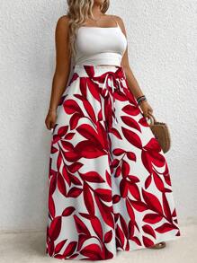 Plus Size Vacation Loose Plant Print Wide Leg Pants Fall Cloth For Women - Red - View 6