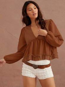 WESTFADE Áo thun tay dài kiểu cowgirl dệt kim và dệt kim cổ chữ V kiểu babydoll kết hợp phương Tây - màu nâu - Xem 3