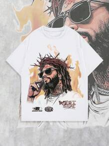 ROMWE MEN Street Life Men's Casual Character & Letter Printed Short Sleeve T-Shirt - White - View 1