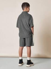 SUMWON Oversized Fit Terry Set For Boys Casual Street Style Two-Piece Set Cozy Polo Tracksuit Wear Set For Kids Athletic Leisure Wear - Dark Grey - View 3
