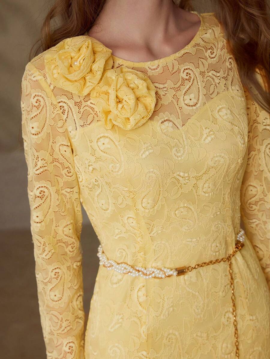 MOTF PREMIUM LACE STEREO FLORAL DRESS - Yellow - View 2