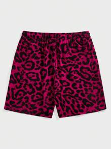 Manfinity BRENVOR 男士休闲编织泡泡格纹豹纹直筒中腰短裤 - 玫紅色 - 查看 2