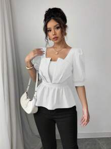 Chiquease 女士夏季休闲纯色泡泡袖收腰衬衫 - 白色 - 查看 6