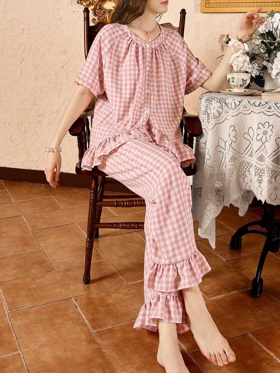 Plaid Ruffle Trim Casual Women Pajama Set - Pink - View 1