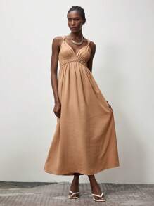 Lumivelle Summer Casual Solid Color V-Neck Ruched Dress - Brown - View 4