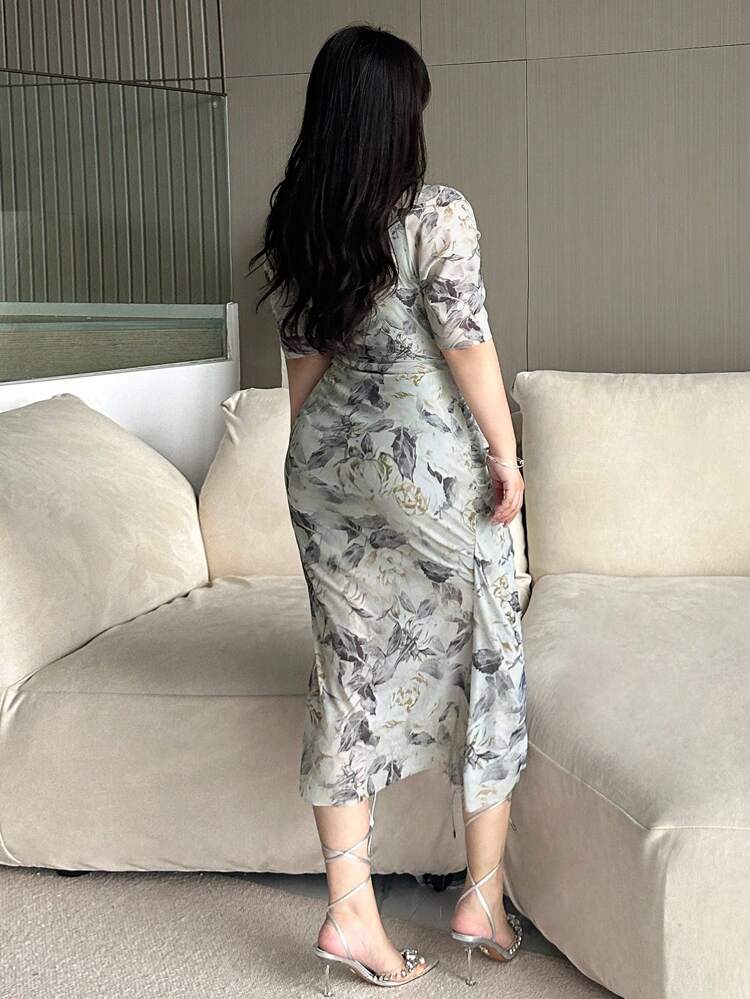 Plus Size Floral Print V-Neck Cinched Waist Fitted Long Short Sleeve Elegant Midi Dress Milkmaid Dress Women Summer Set Women Maxi Dress Easter