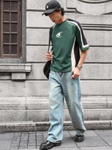 SWAVVY Men's Knit Casual Daily Loose Patchwork Short Sleeve T-Shirt, Summer, School