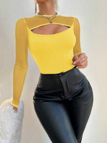 VaVaBold Women's Solid Color Crew Neck Long Sleeve Hollow-Out Bodysuit - Yellow - View 5