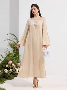 Al Najma Women's V-Neck Loose Long Sleeve Rhinestone Decorated Arabic Style Dress, Modest - Apricot - View 4