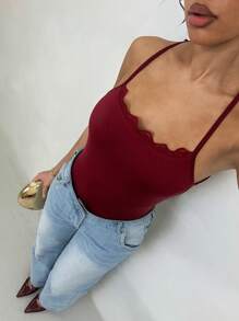 Glamine Women's Burgundy Knitted Bodysuit With Spaghetti Straps, Lace Detail, And Ruffle Neck - Burgundy - View 3