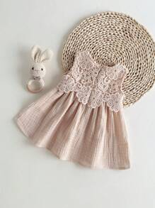 Loomiva Newborn Baby Girl Solid Color Ruffle Trim Round Neck Sleeveless Cinched Waist Dress