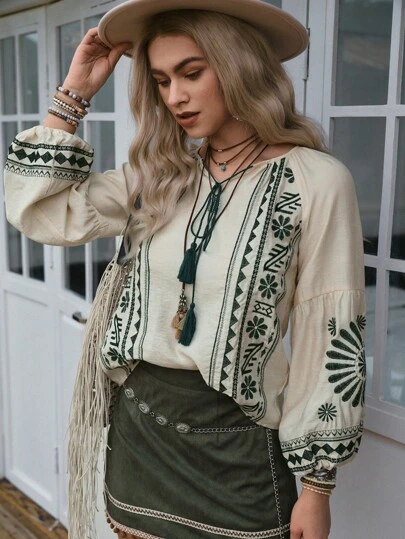 LanaWest Western Casual Women's Loose Embroidered Puff Sleeve Blouse Fall Cloth For Women