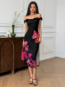 EastFlair Women's Floral Print Off Shoulder Fitted Midi Dress With 3D Flower Decor, Suitable For Vacation - Black - View 3