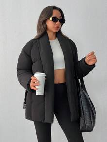EURMUSE Manteau rembourré avec ceinture épaisse, poches, manteau d'hiver matelassé pour femme - Noir - Voir 5