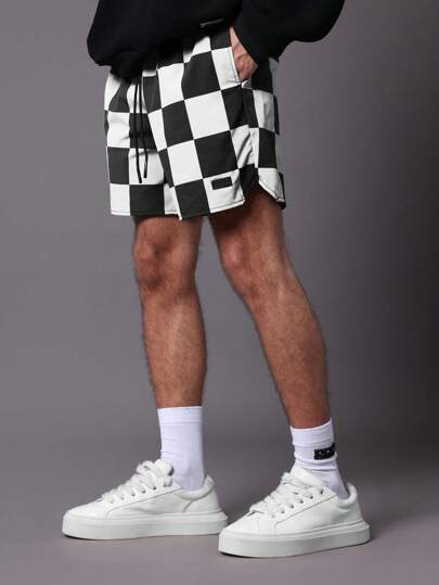 SUMWON Checkerboard Performance Athletic Shorts With Side Slits Sporty Streetwear Basketball Summer Track Nylon Quick Wicking Training Running