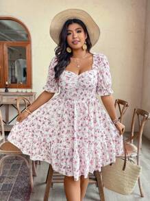 SHEIN Clasi Plus Size Casual Resort Romantic Embroidered Floral Hollow Out Frill Trim Gathered Waist Knee Length Dress - Multicolor - View 1