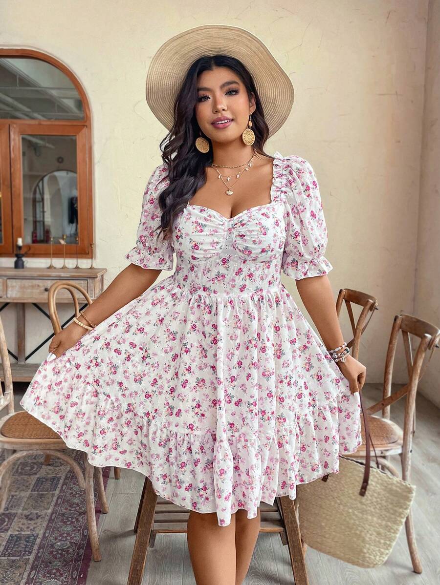 SHEIN Clasi Plus Size Casual Resort Romantic Embroidered Floral Hollow Out Frill Trim Gathered Waist Knee Length Dress - Multicolor - View 1