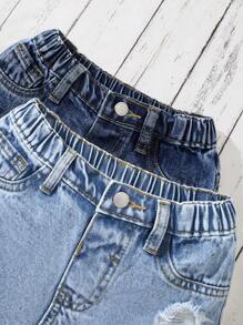 SHEIN Set de 2 pantalones cortos vaqueros desgastados en azul marino y azul claro para niñas jóvenes