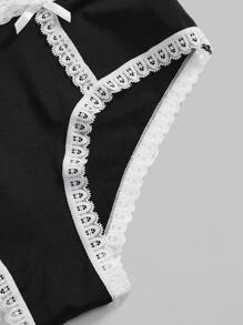 ROMWE Gothic Style Contrast Lace Camisole Top And Panty Bowknot Lingerie Set - Black and White - View 6