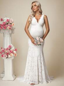 SHEIN 孕妇优雅纯色蕾丝拖尾婚纱 - 白色 - 查看 7