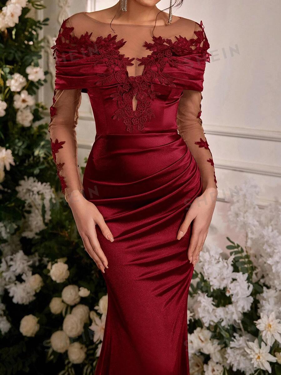 Glamrae Elegante y lujoso vestido de satén elástico de manga larga con aplicaciones de encaje bordado, diseño de cola de sirena, adecuado para bodas, fiestas, vacaciones, bailes de graduación y ocasiones formales (diseño de lujo), vestido de invitada de boda, vestido de noche, vestido de gala