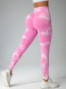 SHEIN Sports 女士日常健身扎染紧身裤瑜伽裤 - 粉色 - 查看 3